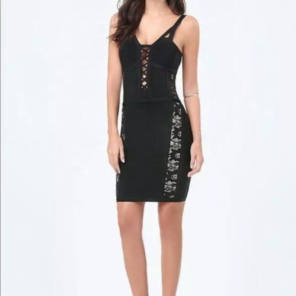 BEBE Spandex Open Lace Sides Criss Cross Bodice Black Mini Dress Size SP NWT - Picture 3 of 4
